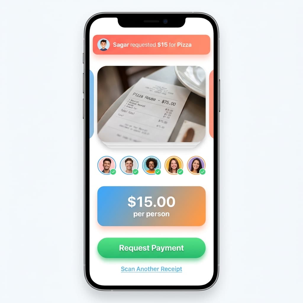 Split bill notification showing Sagar requested $15 for Pizza